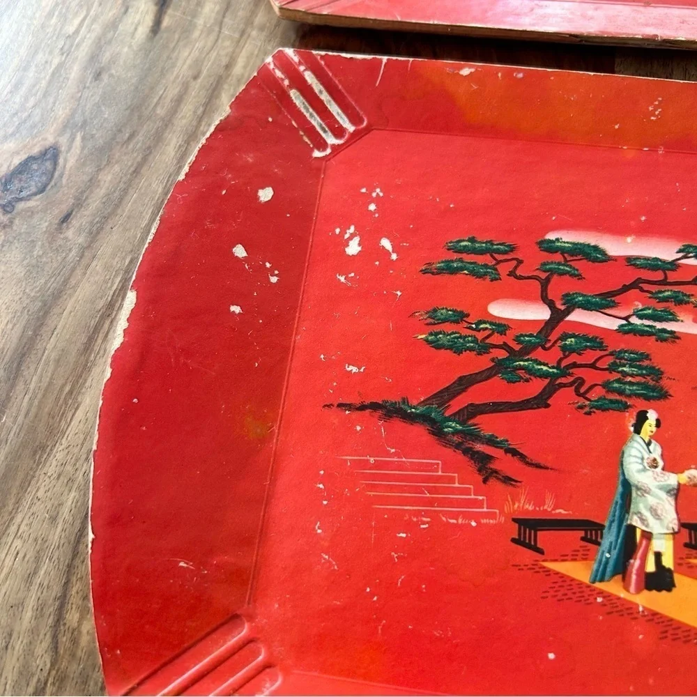 Vintage Hasko wood veneer lap trays red Asian scene MCM 50s set of 3